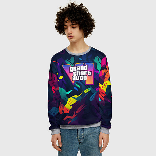 Мужской свитшот GTA 6 logo яркий неоновый камуфляжный стиль / 3D-Меланж – фото 3