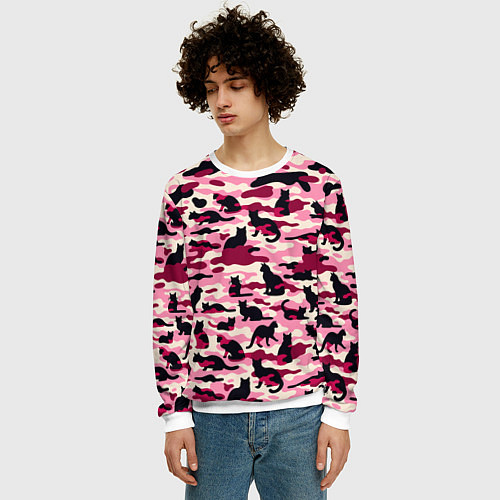 Мужской свитшот Камуфляжные розовые котики / 3D-Белый – фото 3