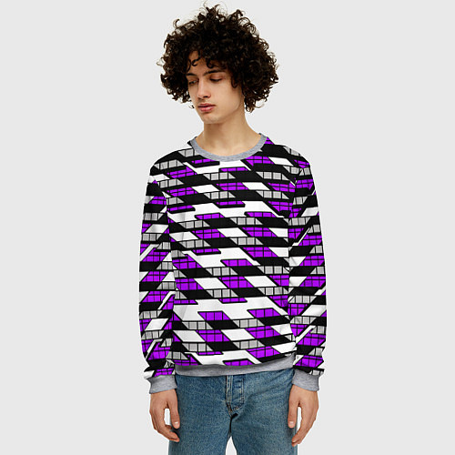 Мужской свитшот Фиолетовые треугольники и квадраты на белом фоне / 3D-Меланж – фото 3