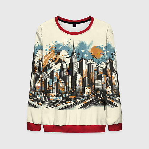 Мужской свитшот Рисунок города с небоскребами / 3D-Красный – фото 1