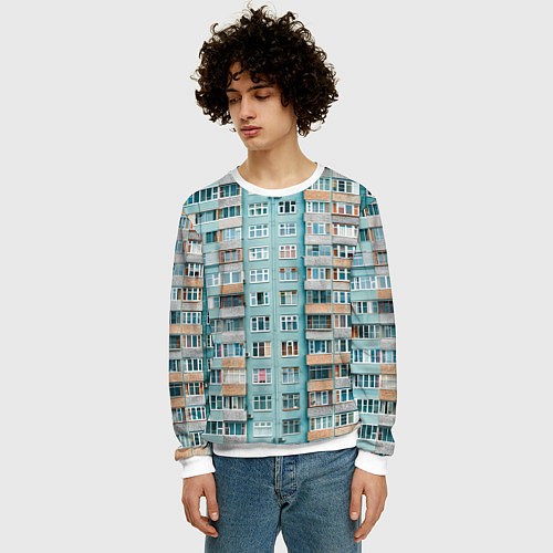 Мужской свитшот Хрущёвка в голубых тонах / 3D-Белый – фото 3