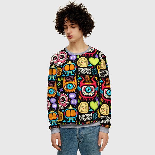 Мужской свитшот Feel good every day motivation monsters pattern / 3D-Меланж – фото 3