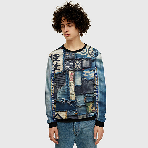 Мужской свитшот Иероглифы на пэчворк дениме / 3D-Черный – фото 3