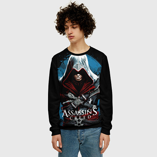 Мужской свитшот Assassins creed темный синий фон / 3D-Черный – фото 3
