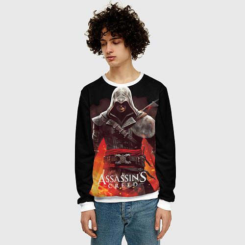 Мужской свитшот Assassins creed огненный фон вокруг / 3D-Белый – фото 3