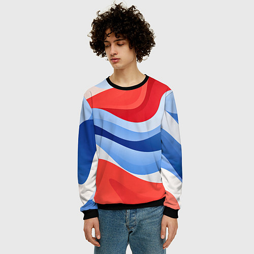 Мужской свитшот Волнистые полосы красные белые синие / 3D-Черный – фото 3