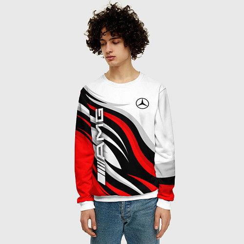 Мужской свитшот Mercedes benz AMG - белый с красным / 3D-Белый – фото 3