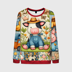 Свитшот мужской Прикольный телёнок и его друзья - пэчворк, цвет: 3D-красный