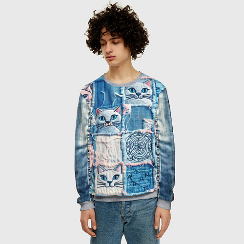 Мужской свитшот Кошки на пэчворк джинсах паттерн / 3D-Меланж – фото 3