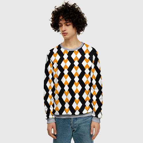Мужской свитшот Жёлтые и белые ромбы на чёрном фоне / 3D-Меланж – фото 3
