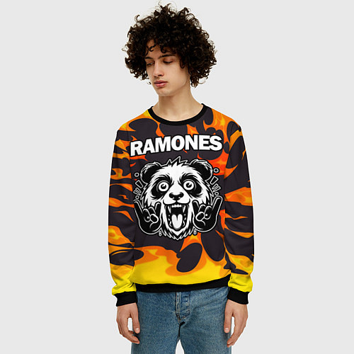 Мужской свитшот Ramones рок панда и огонь / 3D-Черный – фото 3