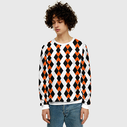 Мужской свитшот Чёрные и оранжевые ромбы на белом фоне / 3D-Белый – фото 3