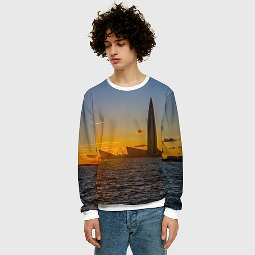 Мужской свитшот Здание Лахта-центра на фоне заката Санкт-Петербург / 3D-Белый – фото 3
