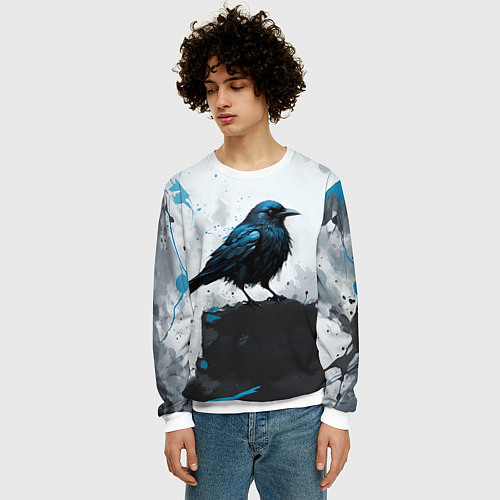 Мужской свитшот Ворон с чёрно-голубым оперением / 3D-Белый – фото 3