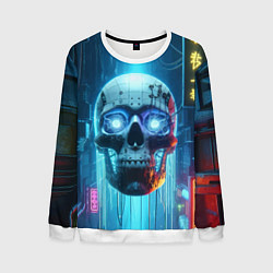 Свитшот мужской Cyber skull - neon glow ai art, цвет: 3D-белый