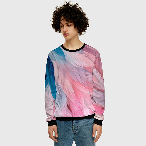 Мужской свитшот Пастельно-голубые и розовые перья / 3D-Черный – фото 3