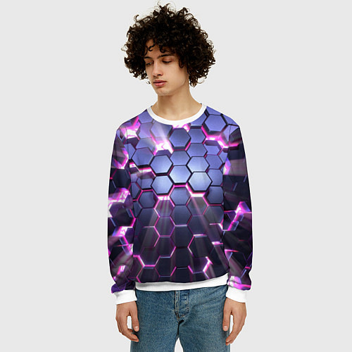 Мужской свитшот Плиты с сиреневым неоновым свечением / 3D-Белый – фото 3