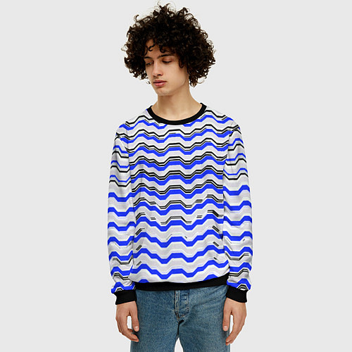 Мужской свитшот Black and blue stripes on a white background / 3D-Черный – фото 3