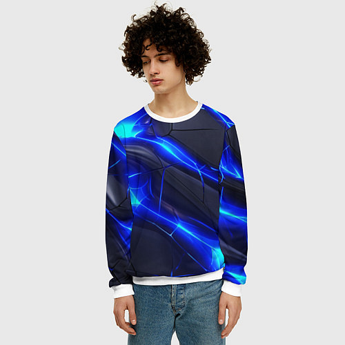 Мужской свитшот Яркое синее свечение и плиты / 3D-Белый – фото 3