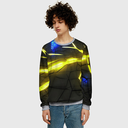 Мужской свитшот Желтый на черном неон из разлома плит / 3D-Меланж – фото 3