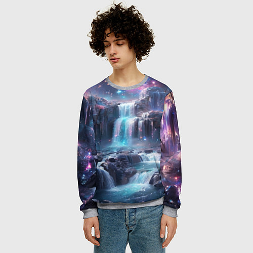 Мужской свитшот Волшебный ночной водопад / 3D-Меланж – фото 3