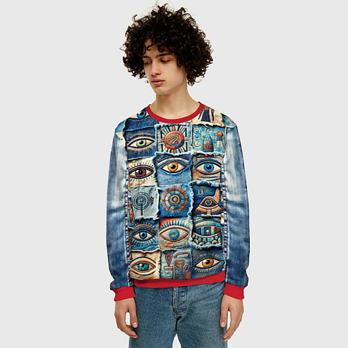 Мужской свитшот Глаза на джинсах пэчворк / 3D-Красный – фото 3