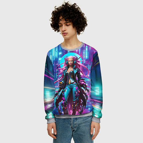 Мужской свитшот Кибер ведьма в неоновом городе - нейросеть / 3D-Меланж – фото 3