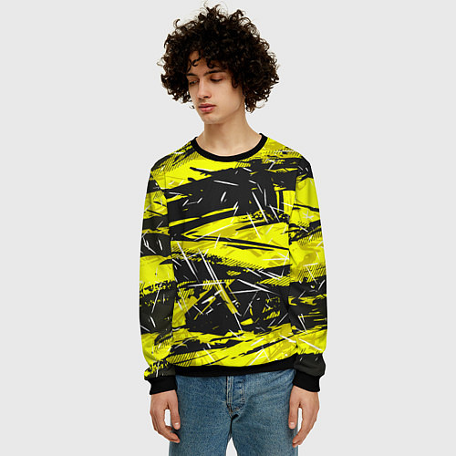 Мужской свитшот Yellow geometry - спортивный узор / 3D-Черный – фото 3