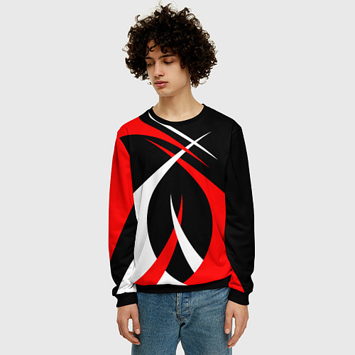 Мужской свитшот Красные и белые линии / 3D-Черный – фото 3