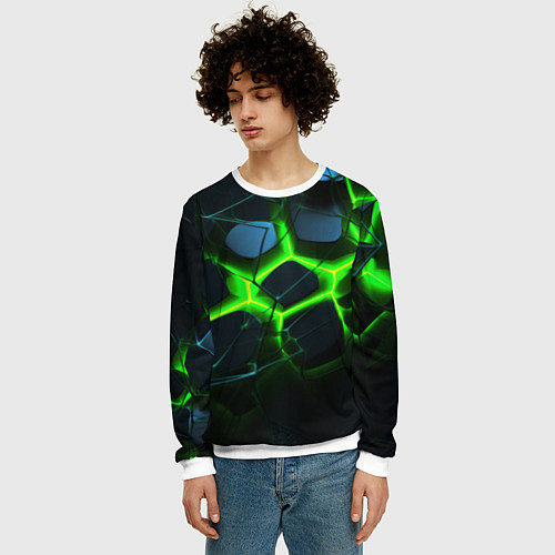 Мужской свитшот Зеленый неон и разлом плит / 3D-Белый – фото 3