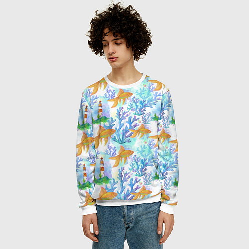 Мужской свитшот Золотая рыбка и кораллы акварельные / 3D-Белый – фото 3