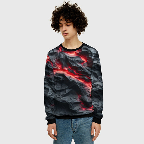 Мужской свитшот Раскаленная лава на горных камнях / 3D-Черный – фото 3