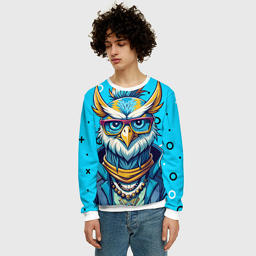 Мужской свитшот Сова в одежде на стиле / 3D-Белый – фото 3