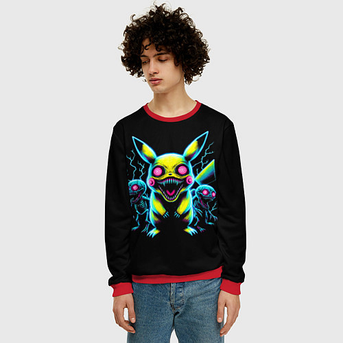 Мужской свитшот Pikachu and skeletons - neon glow ai art / 3D-Красный – фото 3