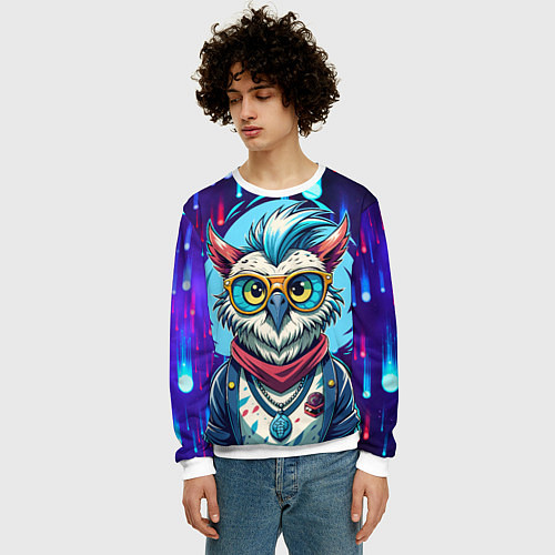 Мужской свитшот Сова модница на стиле / 3D-Белый – фото 3