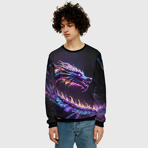 Мужской свитшот Неоновый сиреневый дракон на черном фоне / 3D-Черный – фото 3