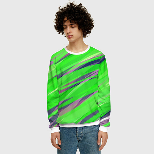 Мужской свитшот Зелёный и фиолетовый абстрактные полосы / 3D-Белый – фото 3