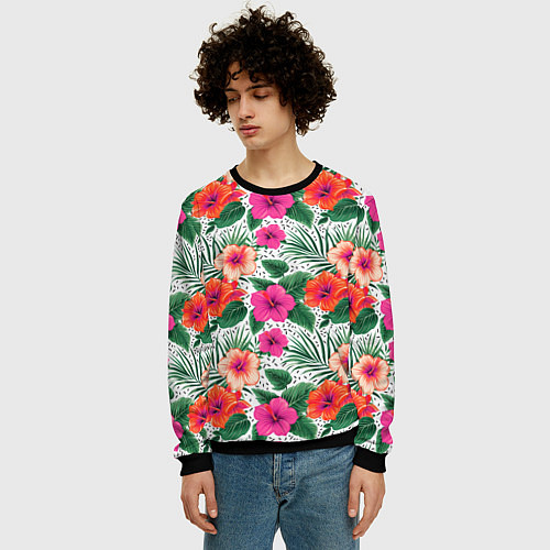Мужской свитшот Цветы гибискуса и листья мальмы летний тропический / 3D-Черный – фото 3