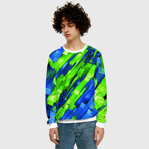 Мужской свитшот Сине-зеленые наклонные блоки / 3D-Белый – фото 3