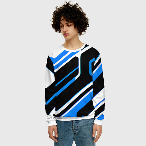 Мужской свитшот Бело-синие линии на чёрном фоне / 3D-Белый – фото 3