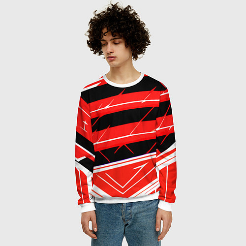 Мужской свитшот Чёрно-белые полосы на красном фоне / 3D-Белый – фото 3