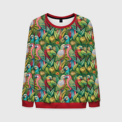 Свитшот мужской Влюбленные попугаи в листьях, цвет: 3D-красный