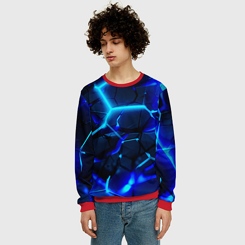 Мужской свитшот Яркие голубые неоновые плиты в разломе / 3D-Красный – фото 3