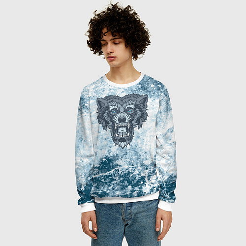 Мужской свитшот Серо-синий волк на абстрактном фоне / 3D-Белый – фото 3