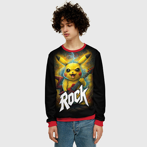 Мужской свитшот Пикачу рокер с электрогитарой / 3D-Красный – фото 3