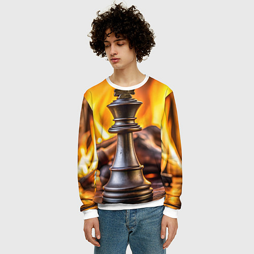 Мужской свитшот Шахматы - король на фоне огня / 3D-Белый – фото 3