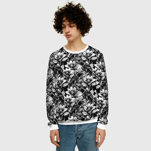 Мужской свитшот Вороны в цветах / 3D-Белый – фото 3