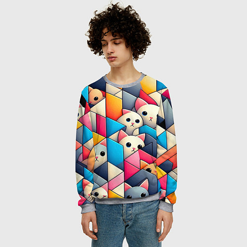 Мужской свитшот Geometric pattern with kittens - ai art / 3D-Меланж – фото 3