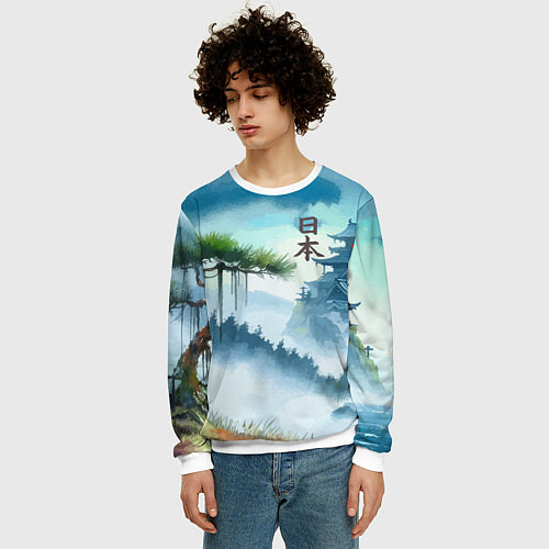 Мужской свитшот Японский пейзаж - акварель живопись / 3D-Белый – фото 3