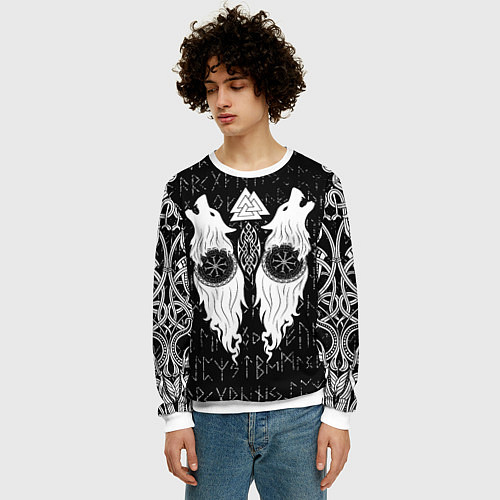 Мужской свитшот Волки с символикой на фоне полустёртых рун / 3D-Белый – фото 3